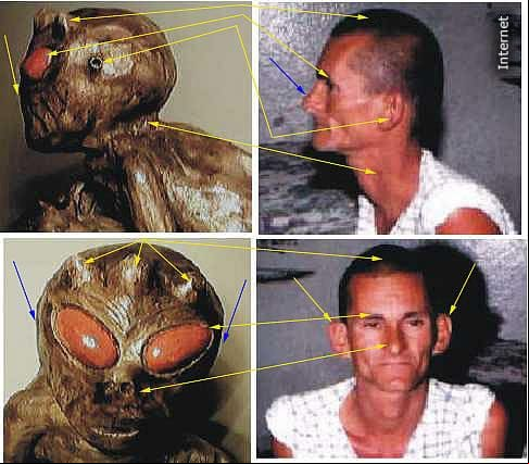 Quadro comparativo mostra o rosto do suposto ET e o morador Mudinho